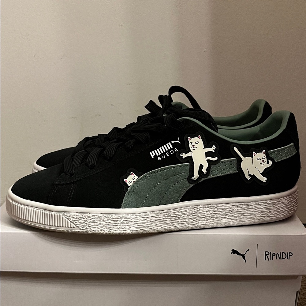 Puma Suede Black Sneakers with Cat Graphics